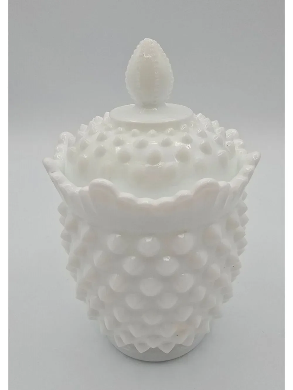 Vintage Fenton White Milk Glass Hobnail Lidded Jar with Finial MCM